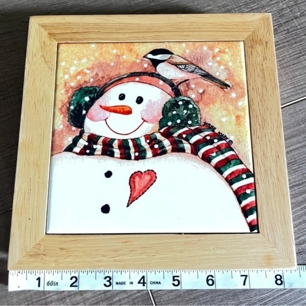 Snowman Ceramic Tile Hot‎ Plate Trivet Wood Frame Border Christmas Diane Knott